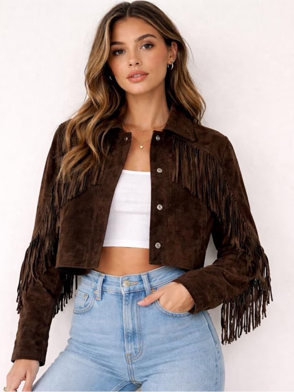 HM Cropped Brown Suede Fringe Jacket L